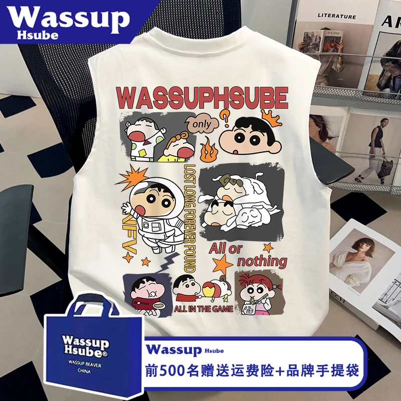 WASSUP HSUBE夏美式卡通印花ins纯棉上衣男女T恤白色凉感无袖背心