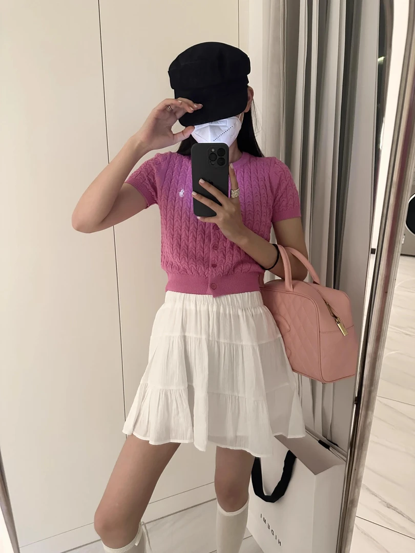 2025新款玫粉色提花短袖针织开衫女短款春夏独特绝美小衫上衣打底