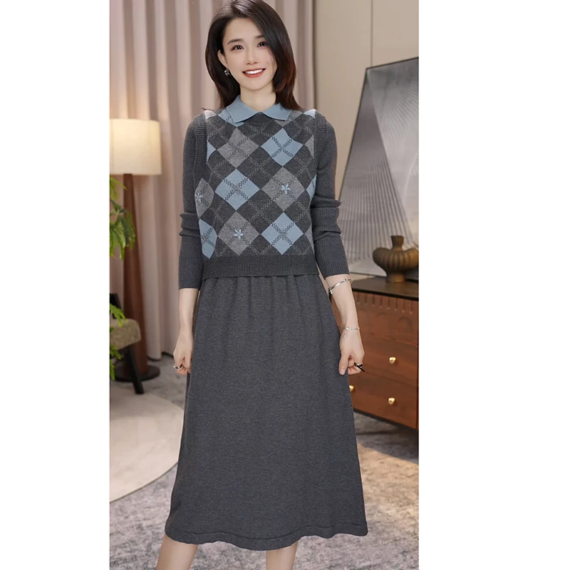 nuobeiyin/诺贝因冬季新款格子针织马甲连衣裙两件套装裙NAMM6510