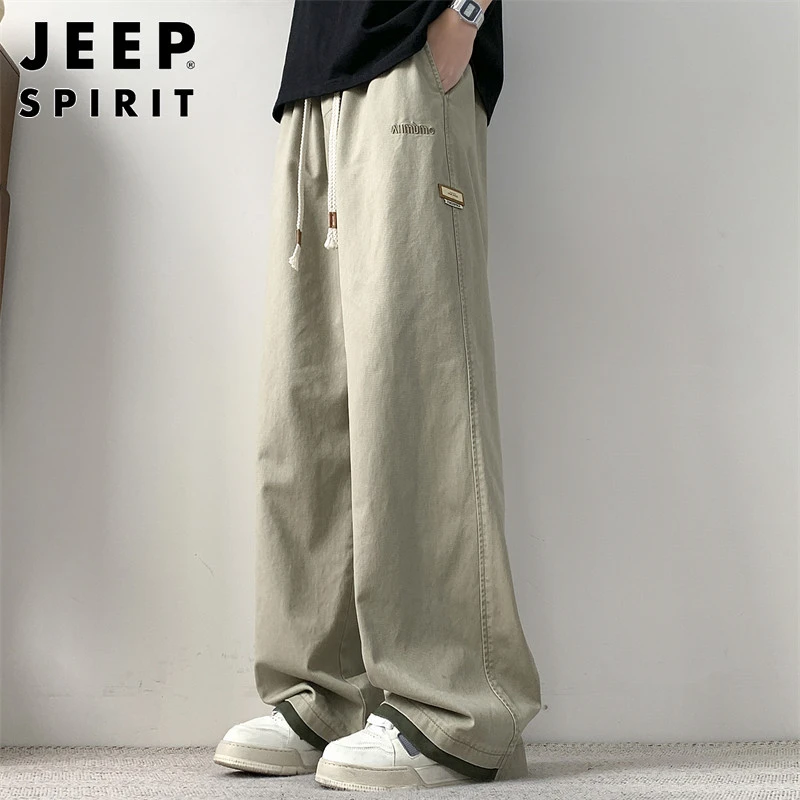 JEEPSPIRIT男士纯棉休闲裤春秋宽松直筒裤潮流抽绳日系阔腿长裤子