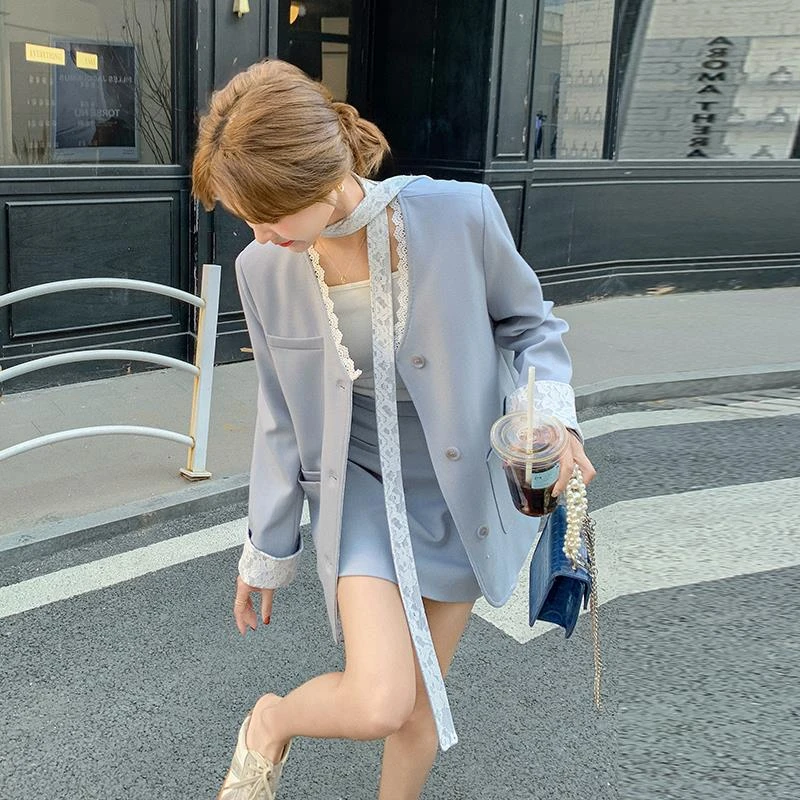 蓝色今年流行小西装套装裙女春2025新款通勤职业西服半身裙两件套