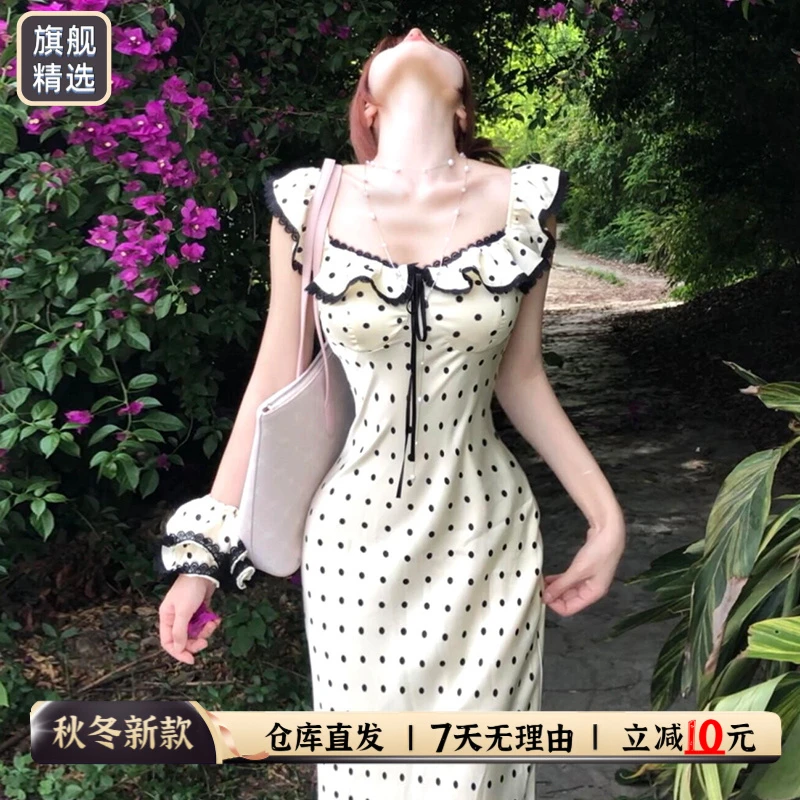 法式荷叶边白色波点连衣裙子女夏季2025新款气质收腰鱼尾包臀长裙
