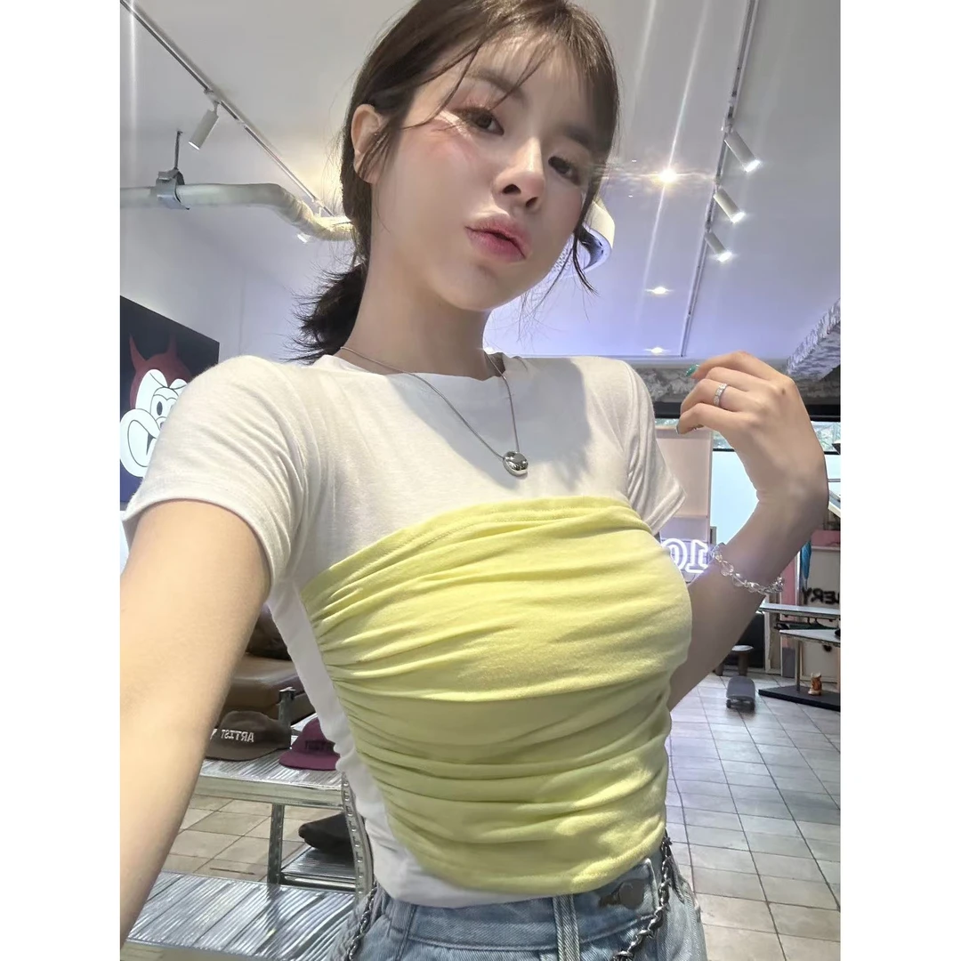 【HuiHui】东大门辣妹撞色假两件正肩短袖T桖（H8439）
