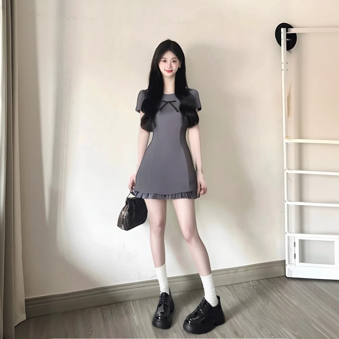 【有里布】法式学院风灰色连衣裙女夏季新小个子气质绝美短裙D1819