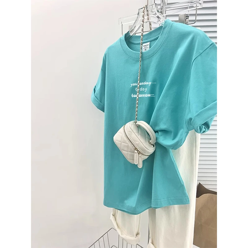 清新水蓝色字母印花纯棉短袖T恤女2025夏新款季简约百搭时尚短袖