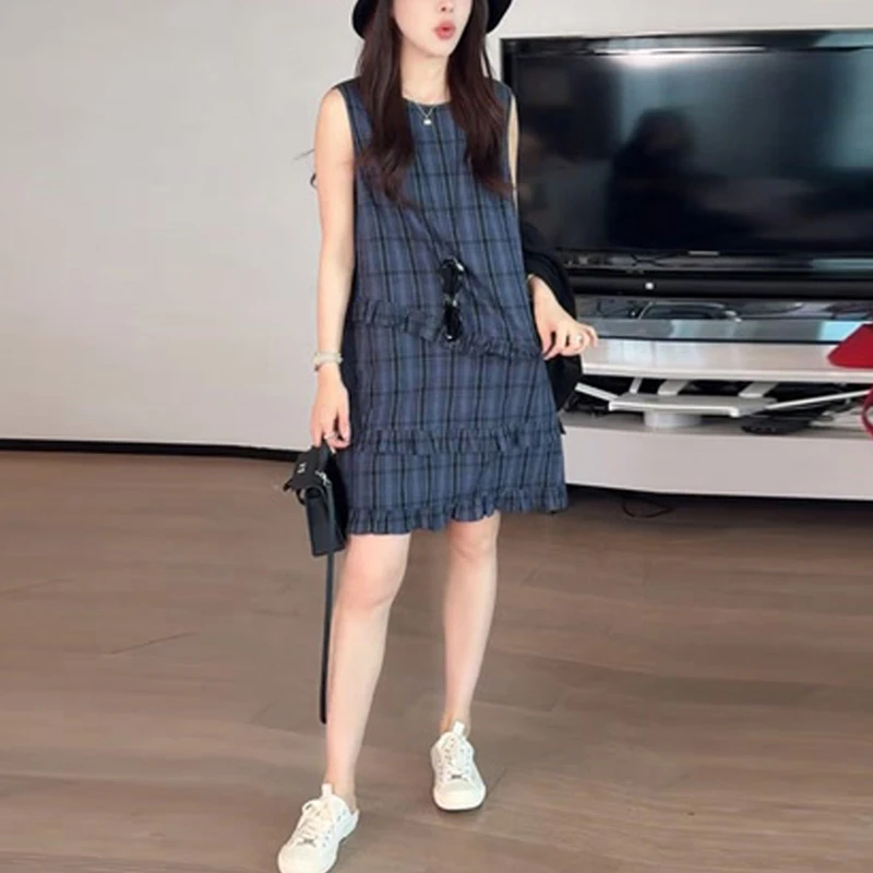 韩系荷叶边无袖背带连衣裙2025夏季新款温柔风显瘦格子设计感裙子