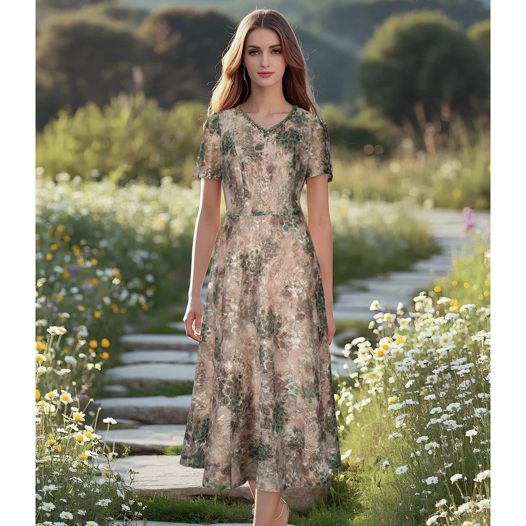 夏季修身复古碎花连衣裙收腰气质女装中长款时尚显瘦妈妈装-66838