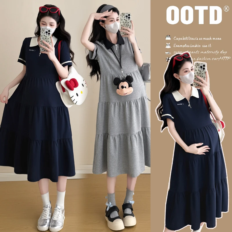 孕妇连衣裙夏季2025新款减龄气质撞色拼接翻领泡泡袖宽松中长款女