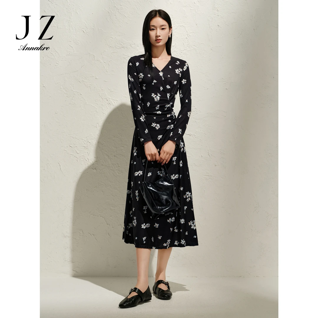 【丽公主专属】玖姿安娜蔻KWFC50032风碎花抽褶V领印花连衣裙