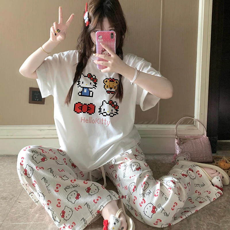 睡衣女短袖夏季纯棉卡通凯蒂猫2025新款爆款学生家居服套装出门款