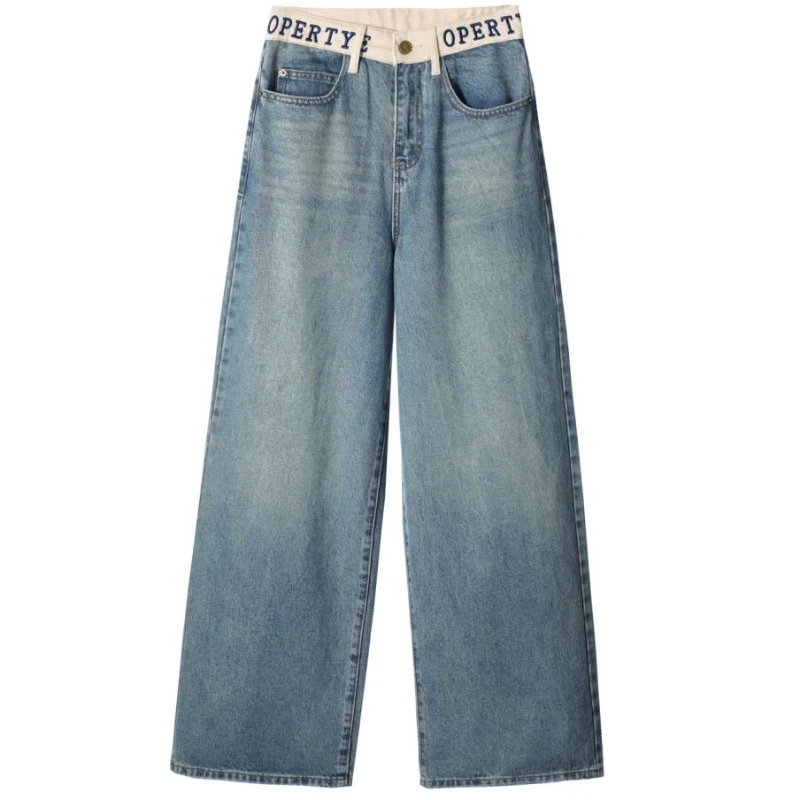 Basic House/百家好JHE新款牛仔裤高腰直筒休闲百搭宽松阔腿裤女