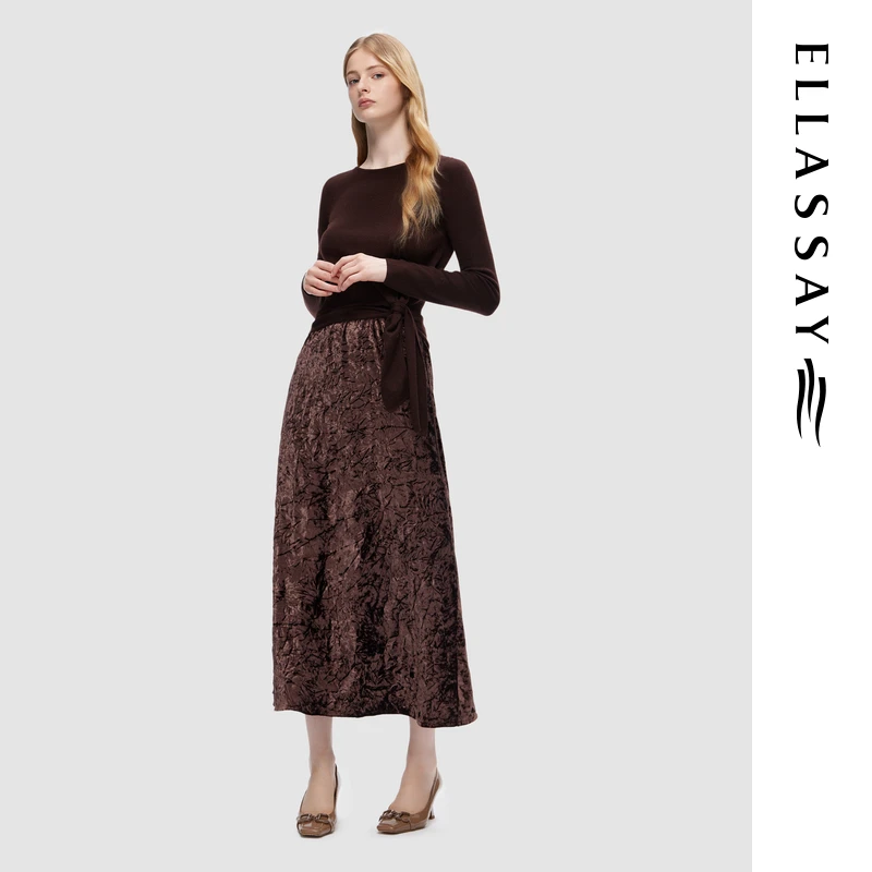 ELLASSAY歌力思丝绒褶皱气质高腰复古半身裙女EWD353Q028