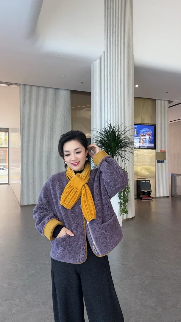 【卿她】新款拼色羊羔毛一体外套短外套外套简约宽松百搭