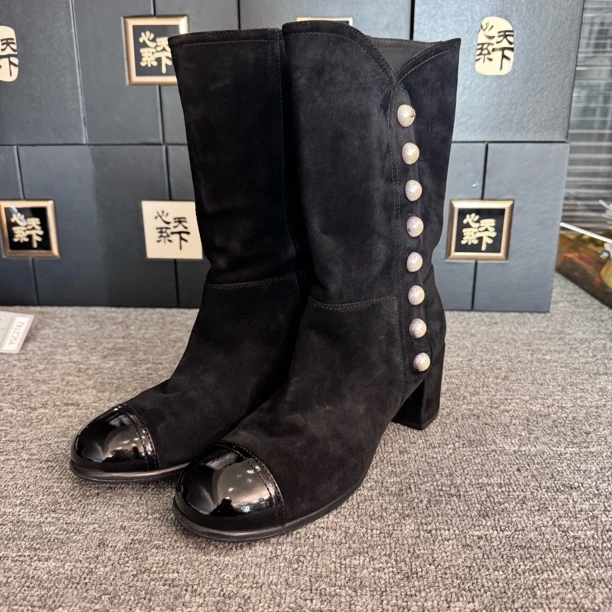 99新 Chanel/香奈儿 珍珠麂皮拼皮长靴39码ysc2711