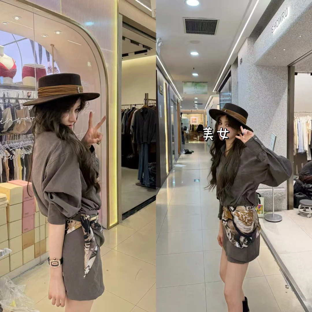 英伦风复古收腰撞色丝巾拼接连衣裙廓形浪漫裙衬衫