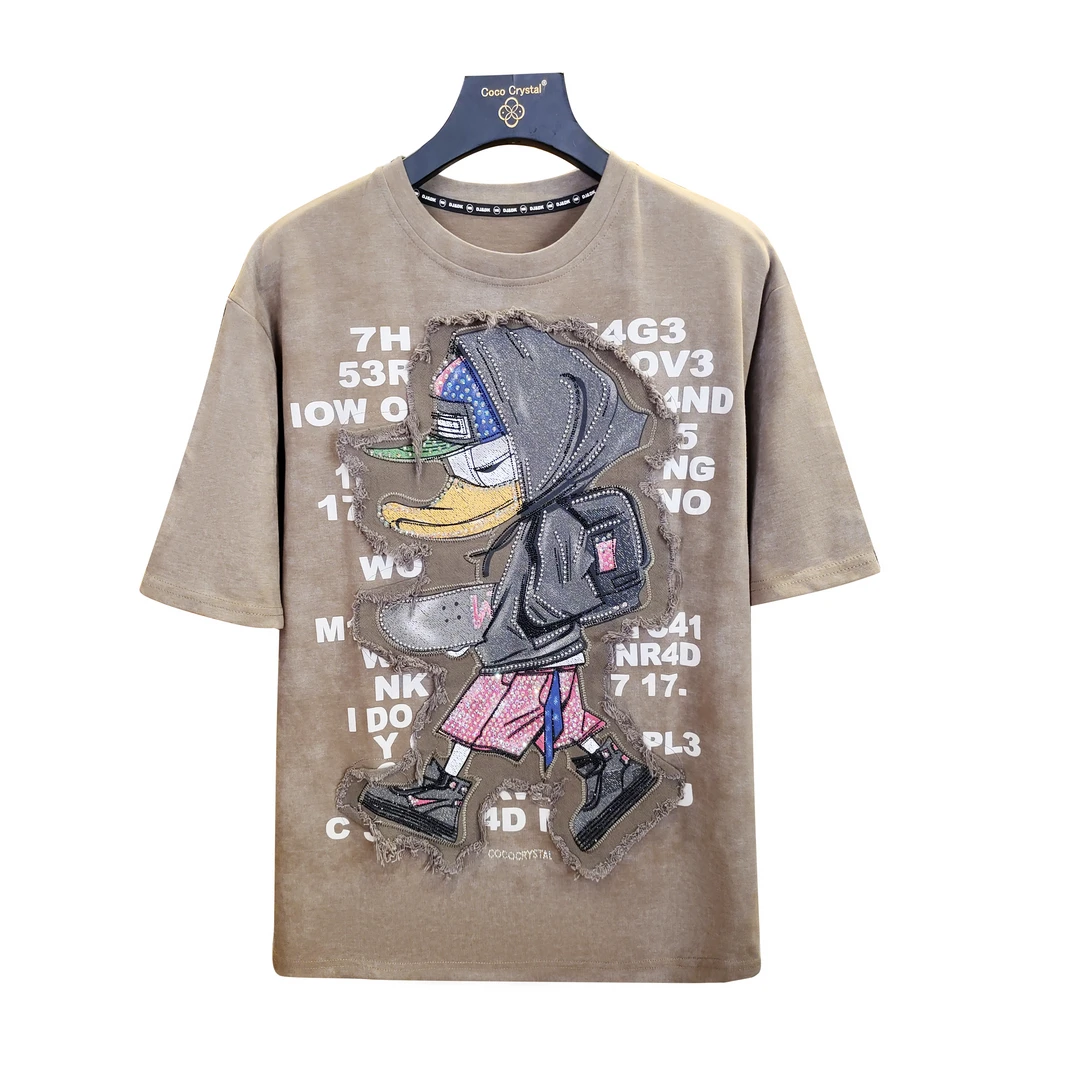 唐小鸭图案潮牌T恤-奶茶色