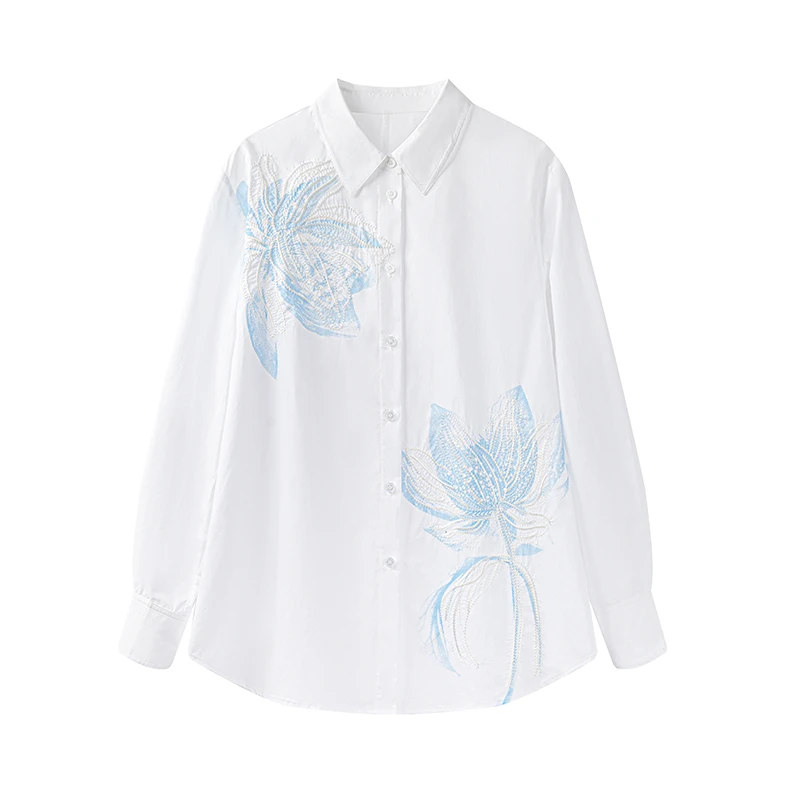 Childe Yao翻领薄款春季立体荷花绣花衬衫白色衬衣打底CYC51055C