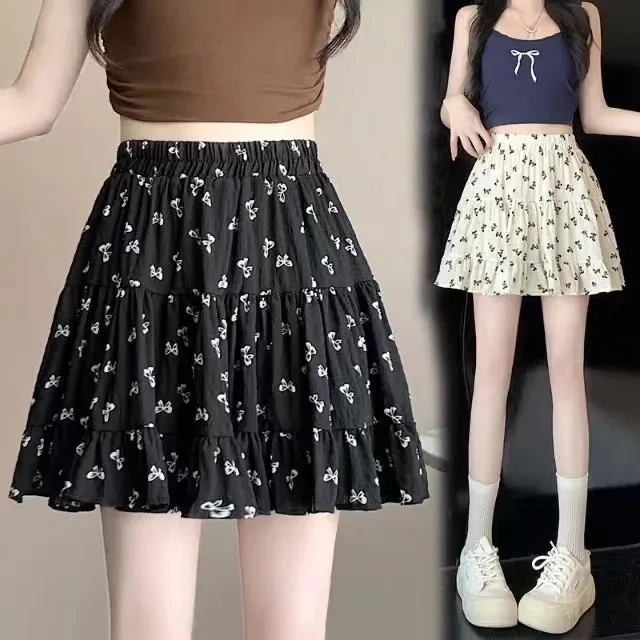 蝴蝶结印花显瘦半身裙女夏季2025小个子a字裙减龄蛋糕裙黑色短裙