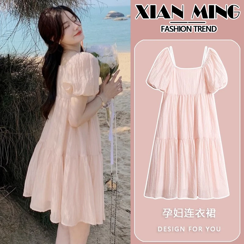 孕妇夏装连衣裙宽松气质泡泡短袖夏款2025新款小个子薄款裙子夏季