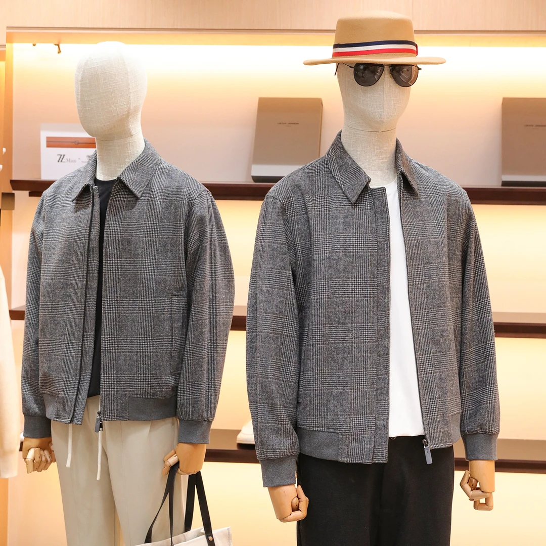2025秋季新款男士高端老钱风商务休闲格纹混纺夹克外套潮1479