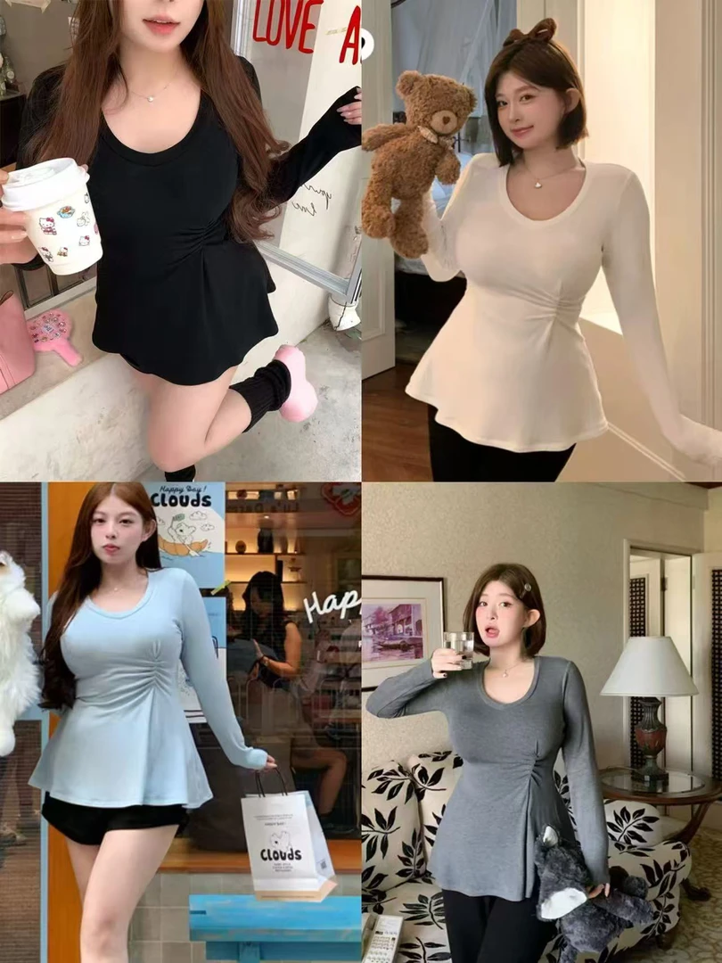 323 大码胖mm韩系纯欲风侧抽褶收腰显瘦休闲圆领长袖内搭女上衣