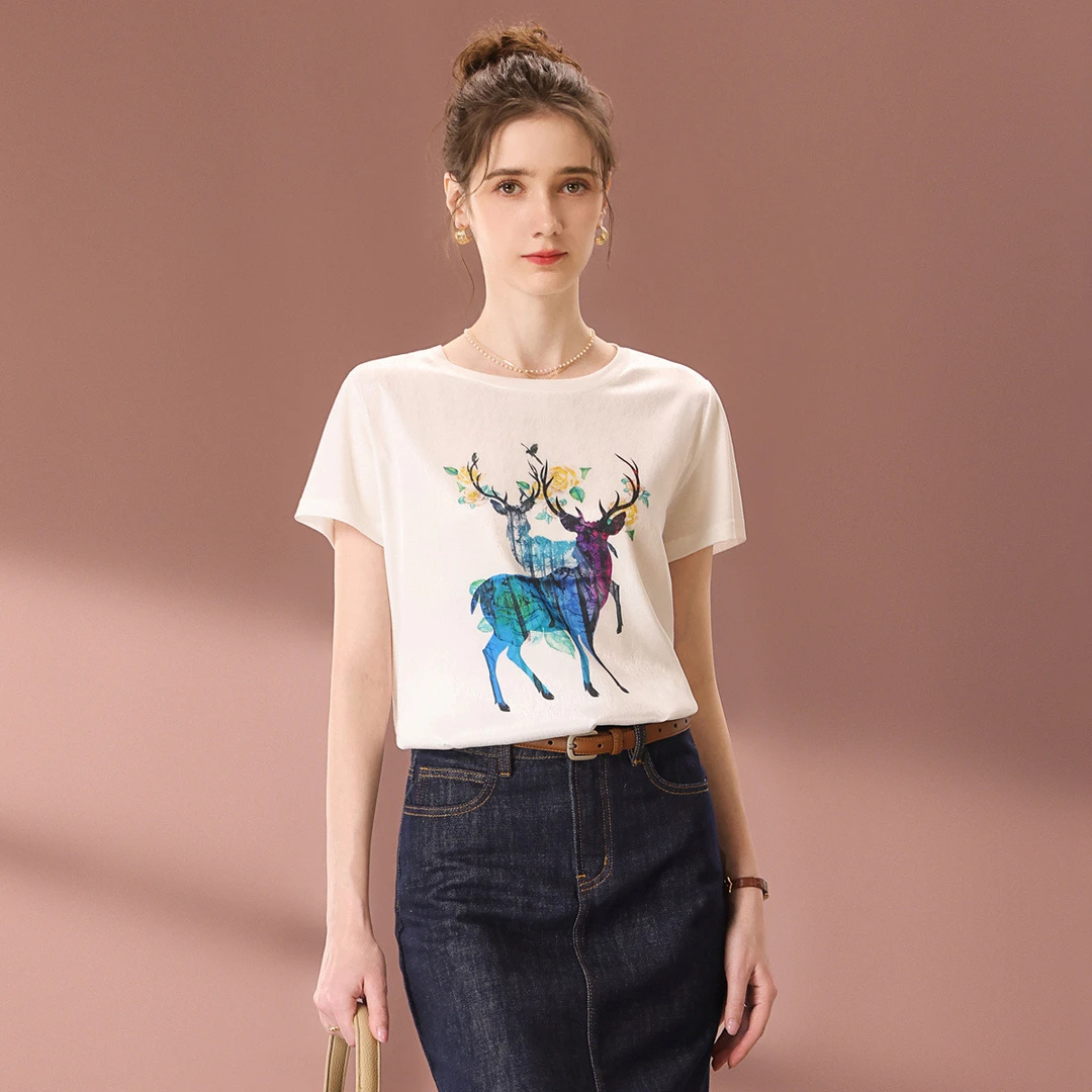 2025夏季款春游出行衣服正肩t恤高质感圆领休闲短袖白色T恤女上衣