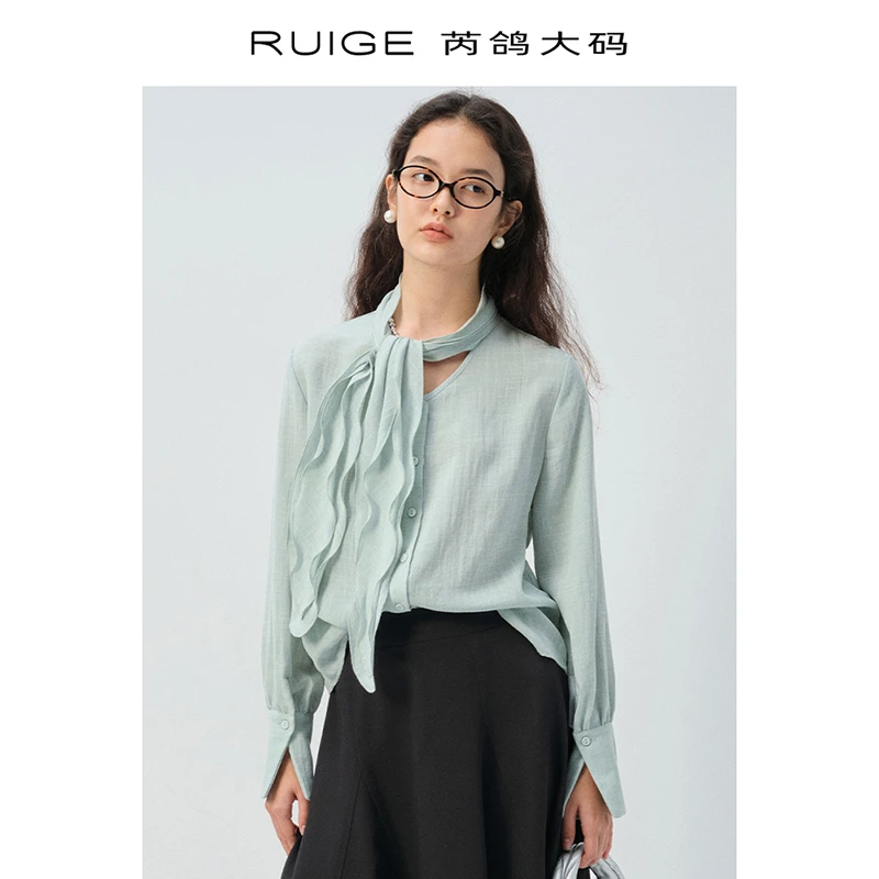 芮鸽微胖定制绿色衬衫女正肩小衫内搭新款飘带秋季宽松微胖mm上衣