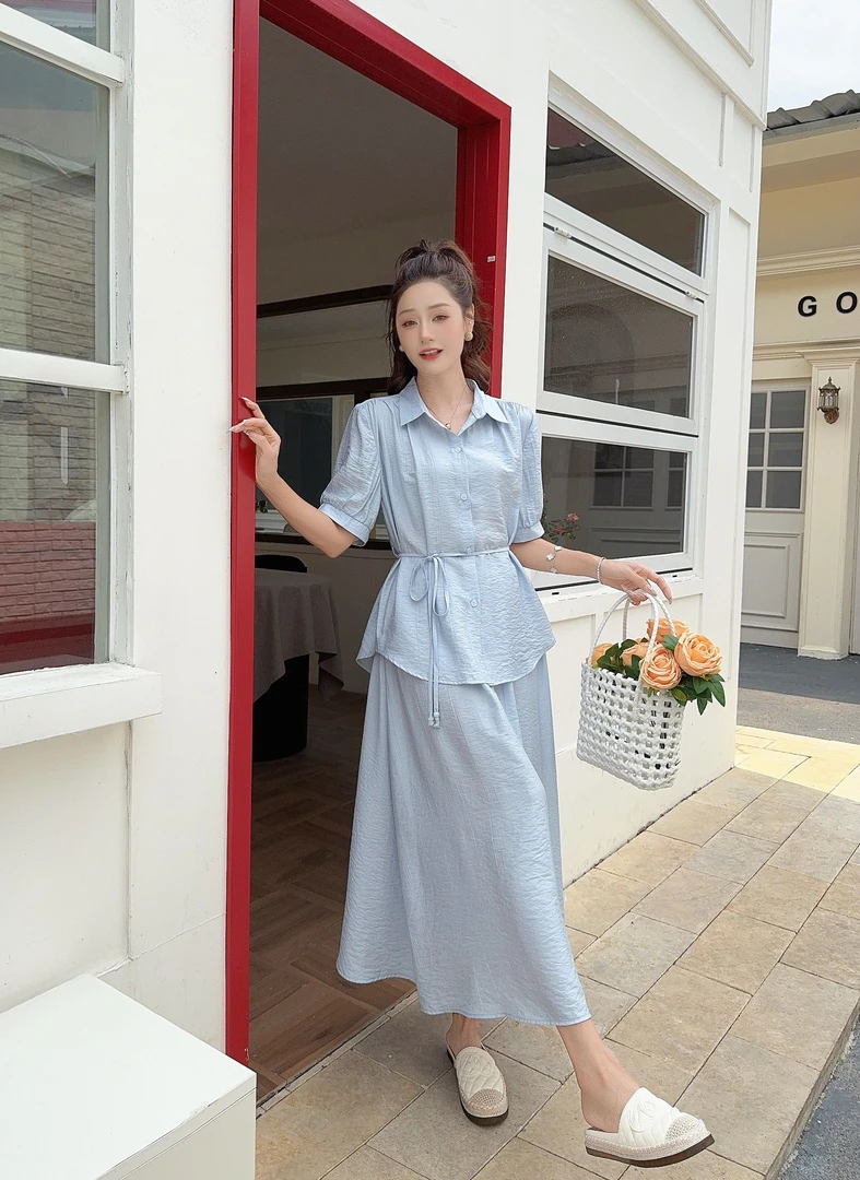 夏季新款修身显瘦气质泡泡袖轻职风纯色中长裙高腰收腰女性时尚连