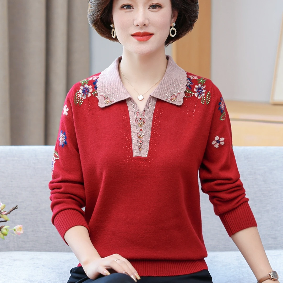 妈妈秋装翻领绣花针织衫上衣打底衫新款50岁中老年女装春秋款毛衣