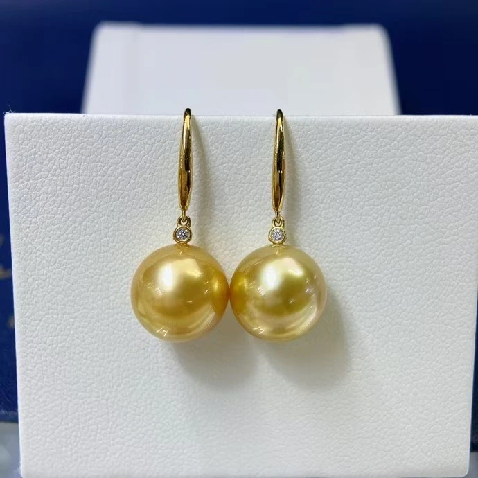 天然海水珍珠南洋金珠正圆18k时尚耳勾