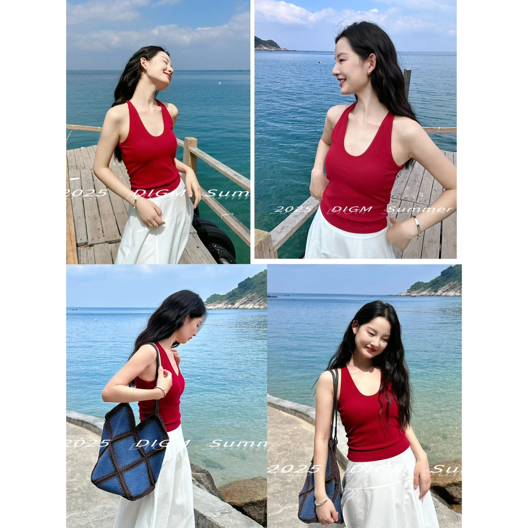 简约百搭纯色U领带胸垫内搭修身外穿打底背心女装夏季无袖吊带ins