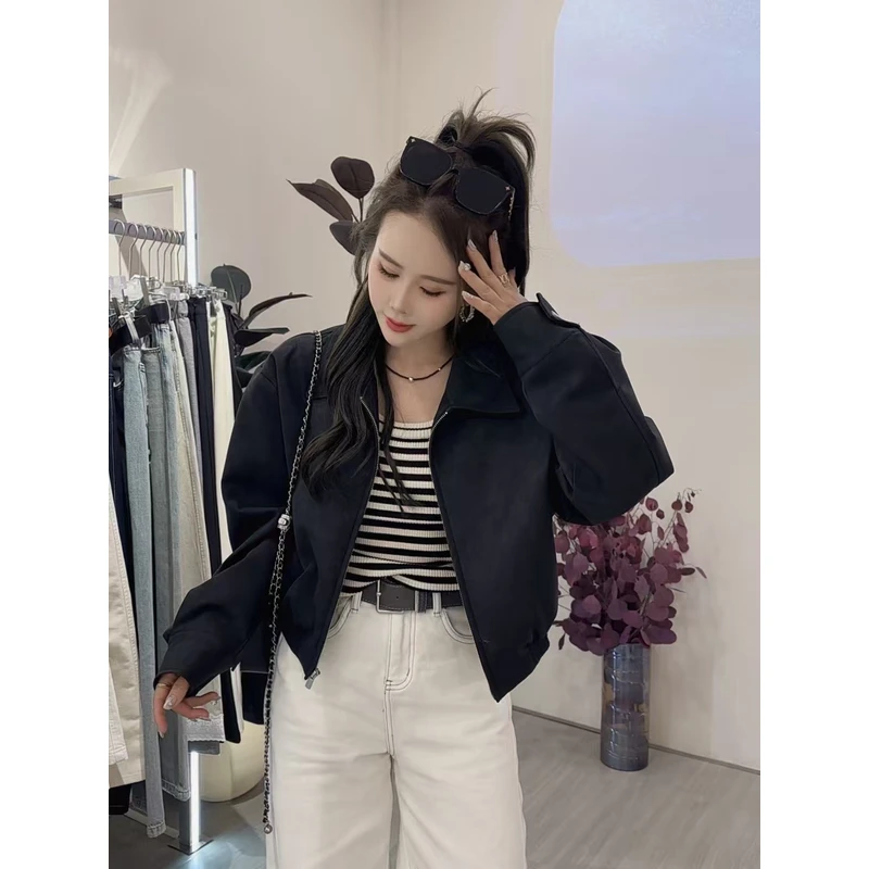 恰逢景梅子自留款春款皮夹克女欧货洋气翻领袖口扣袢皮衣外套女