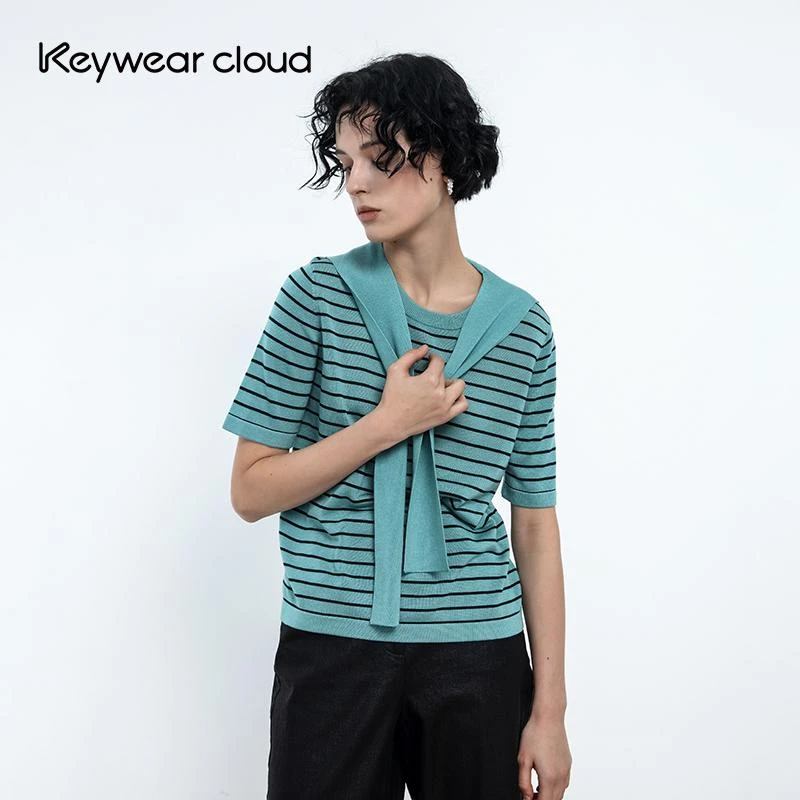 Keywearcloud奇威秋季水手领条纹短袖针织衫减龄上衣