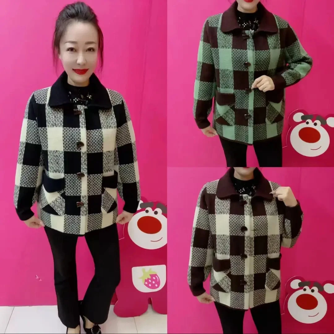 P秋冬新款2025针织格子双面绒加厚宽松长袖减龄洋气妈妈休闲外套