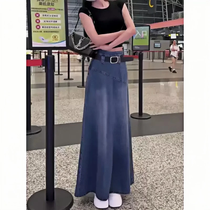 夏季韩系文艺小众高级复古设计感水洗蓝色高腰显瘦牛仔半身长裙女