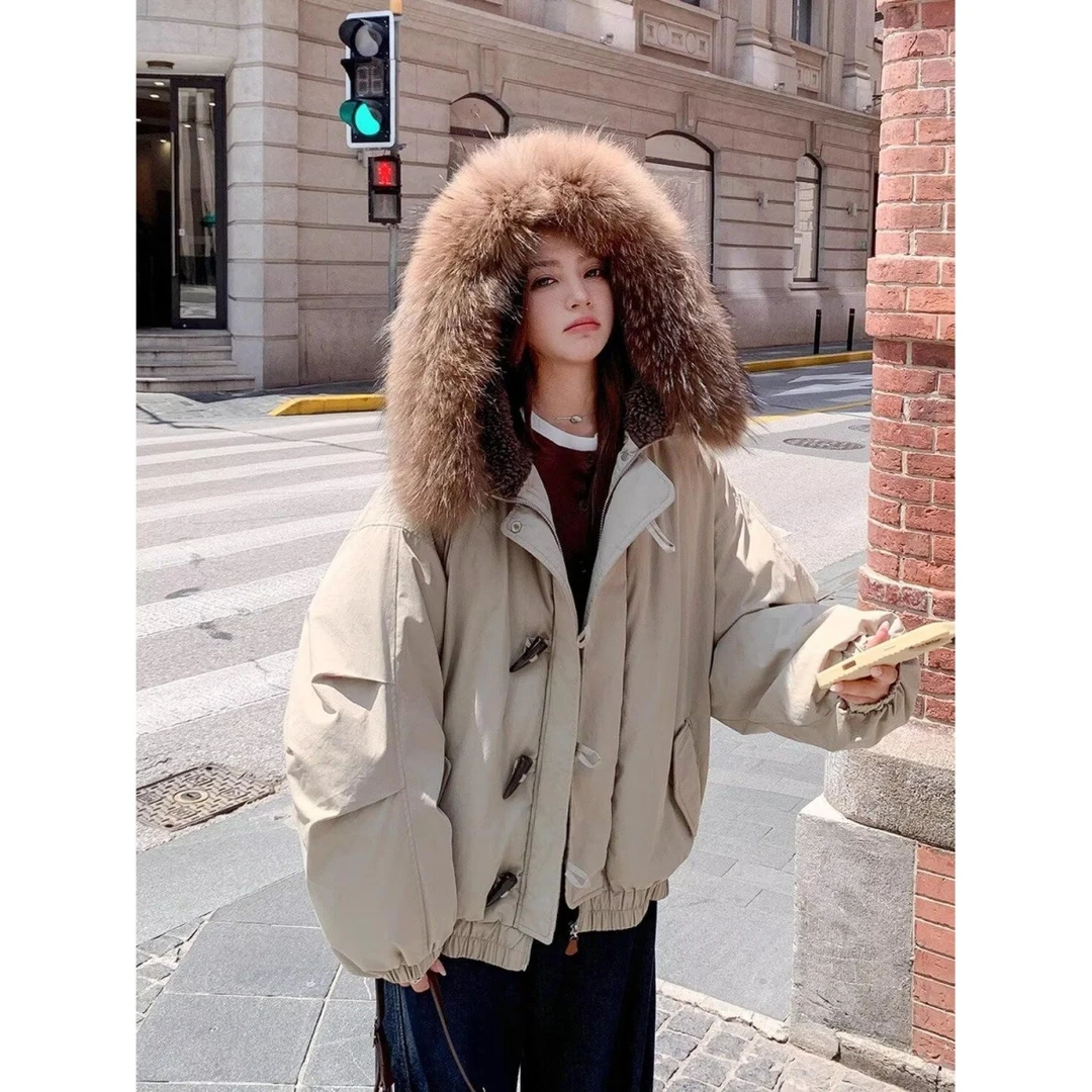 冬季新款美式飞行夹克牛角扣毛领连帽棉服加厚男女宽松派克服外套