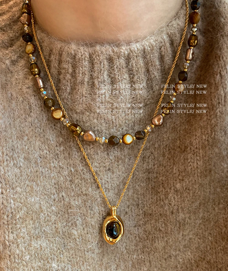 钛钢项链 秋冬美拉德虎眼石串珠叠戴项链女轻奢小众高级感毛衣链