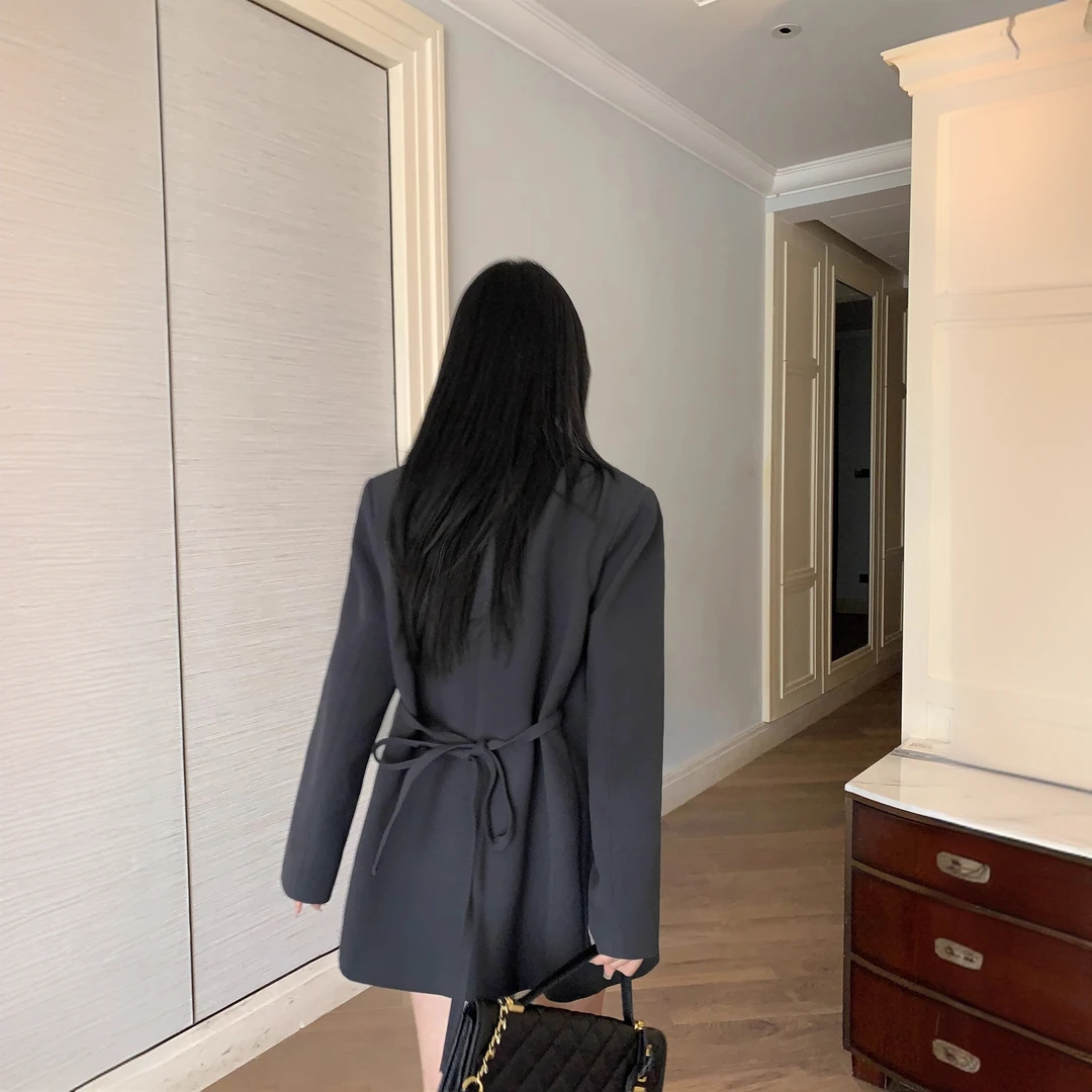 宽松绑带休闲西服外套高级感黑色西装外套女春秋新款韩版上衣