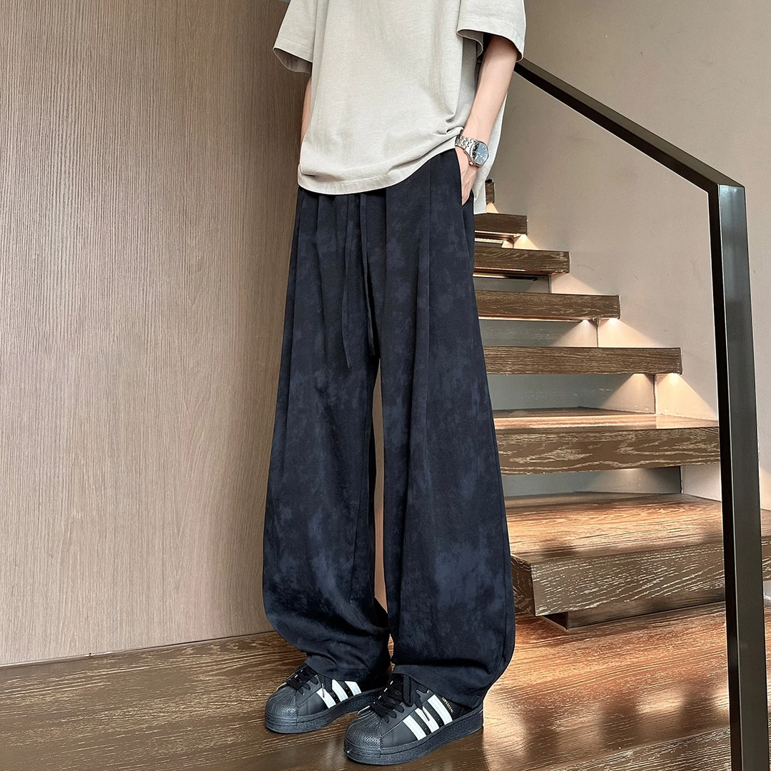 扎染冰丝裤子男秋季新款新中式潮牌阔腿长裤复古宽松垂坠感弯刀裤