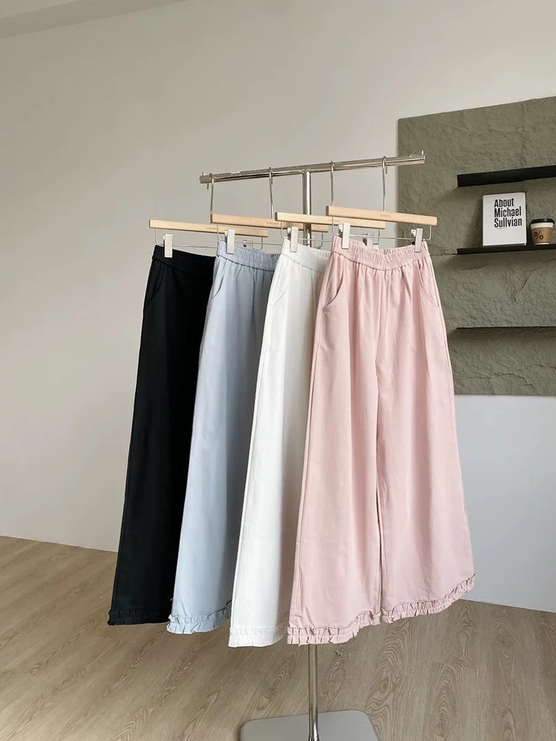 【主播自留】韩系甜美木耳花边直筒阔腿裤女2025春夏松紧腰宽松显瘦