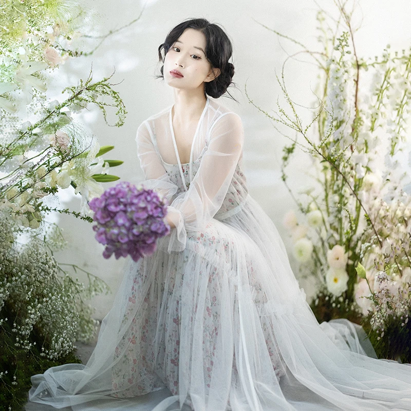 现货805【一念飞花】白色拼接网纱开衫外套女夏款雪纺印花吊带长裙