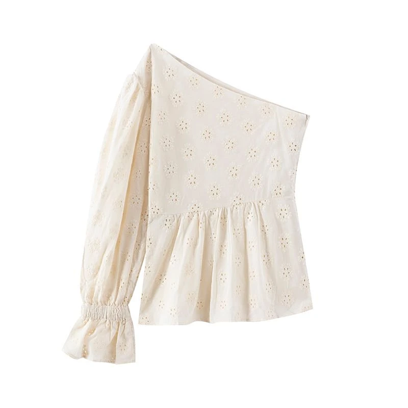 春夏季新款圆领法式气质长袖衬衫洋气衬衣重工刺绣花边设计上衣