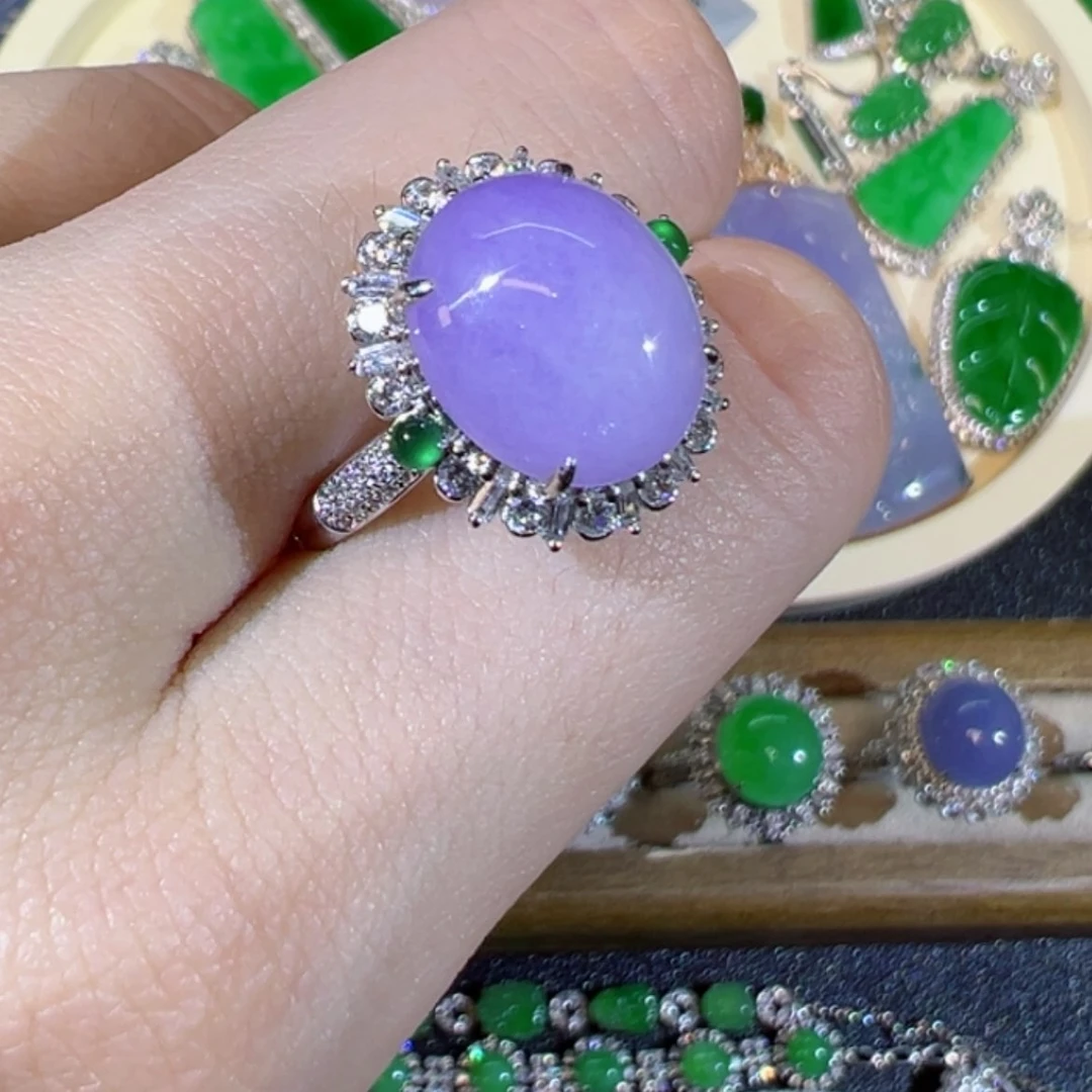 【闪购商品】翡翠颈饰18K金镶嵌缅甸翡翠紫蛋面戒指