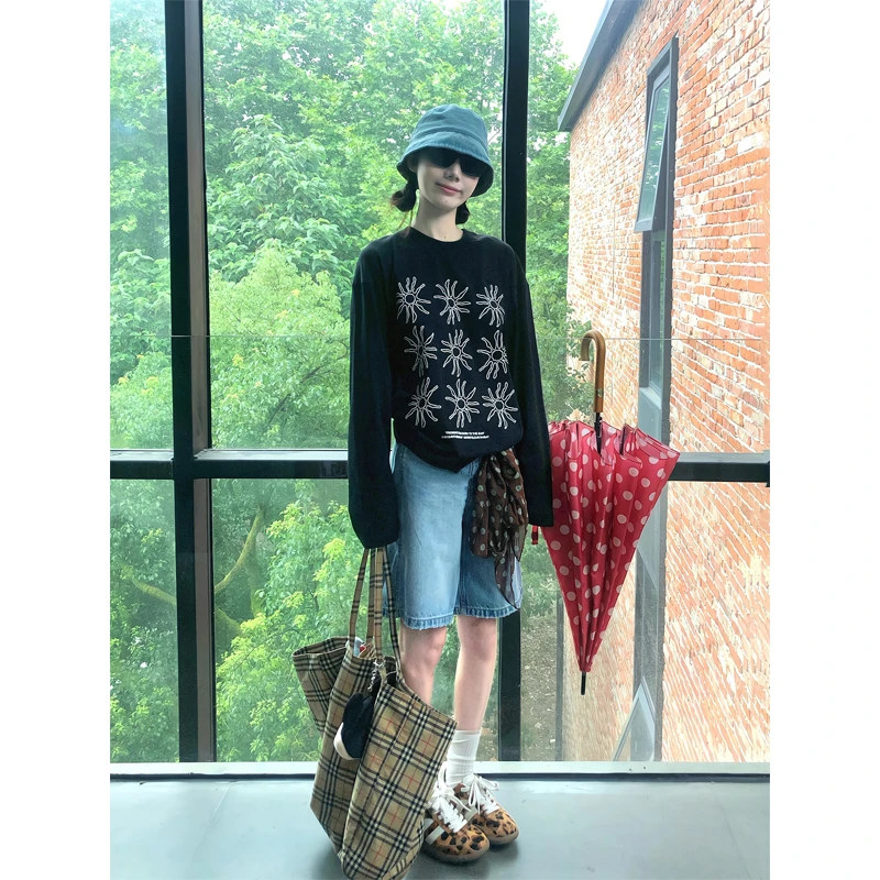 美式太阳花印花重磅长袖T恤打底衫上衣七分牛仔裤阔腿休闲中裤子