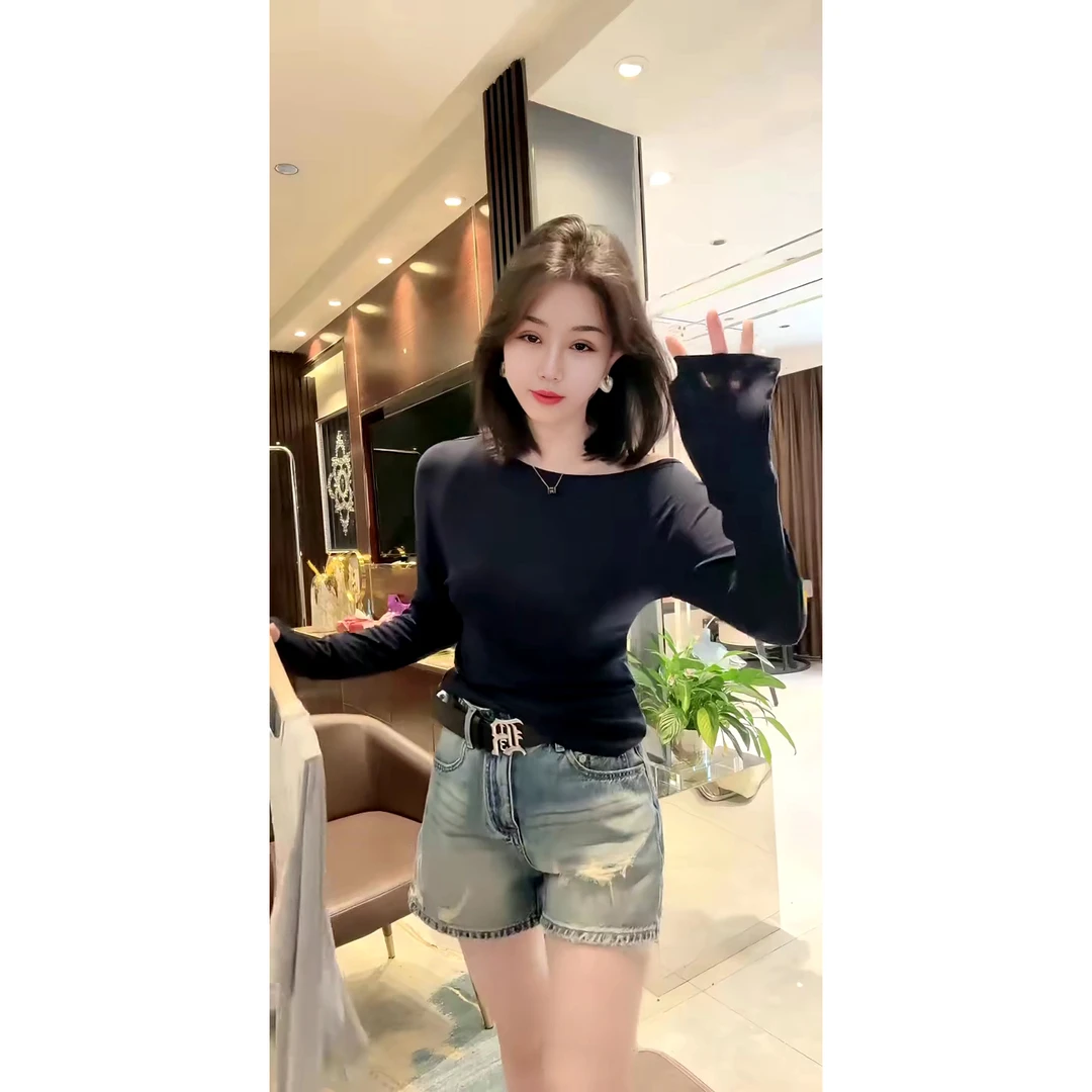 一字斜领长袖后一条边长袖防晒打底衫时尚净版百搭T恤