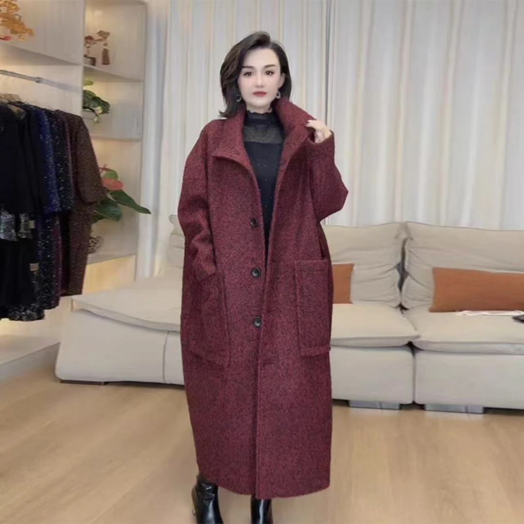 881高档贵妇毛呢大衣加肥加大200斤欧货洋气妈妈长款翻领外套