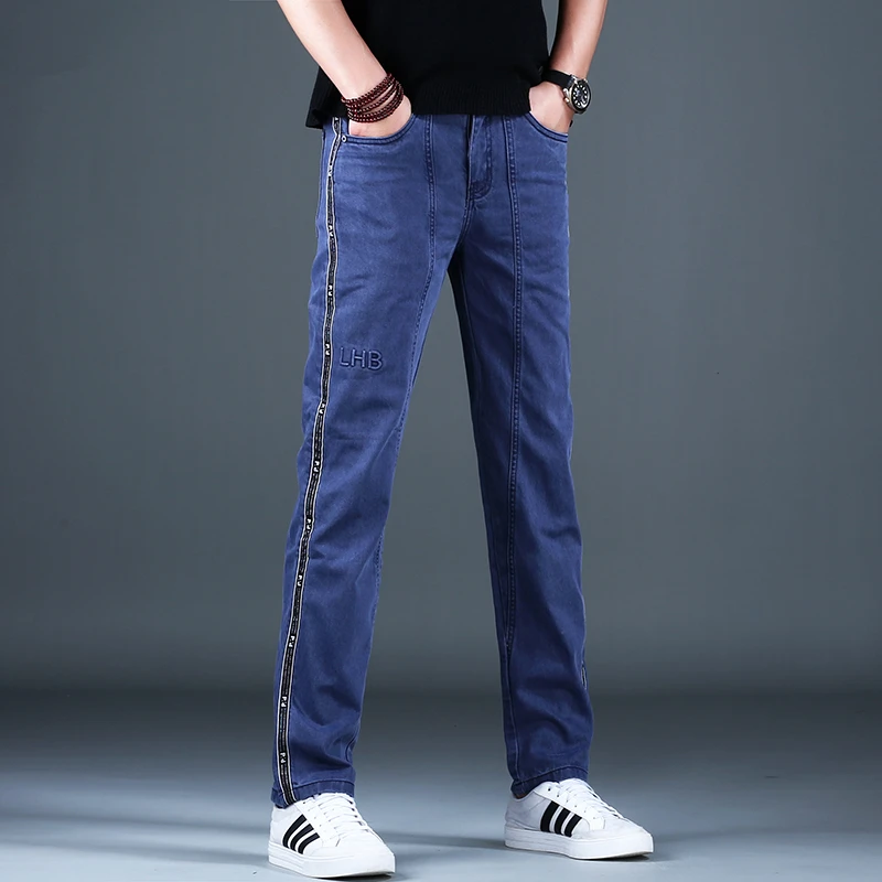 韩俊尼2025新款时尚条纹宽松休闲百搭韩版潮牌修身直筒牛仔裤弹力