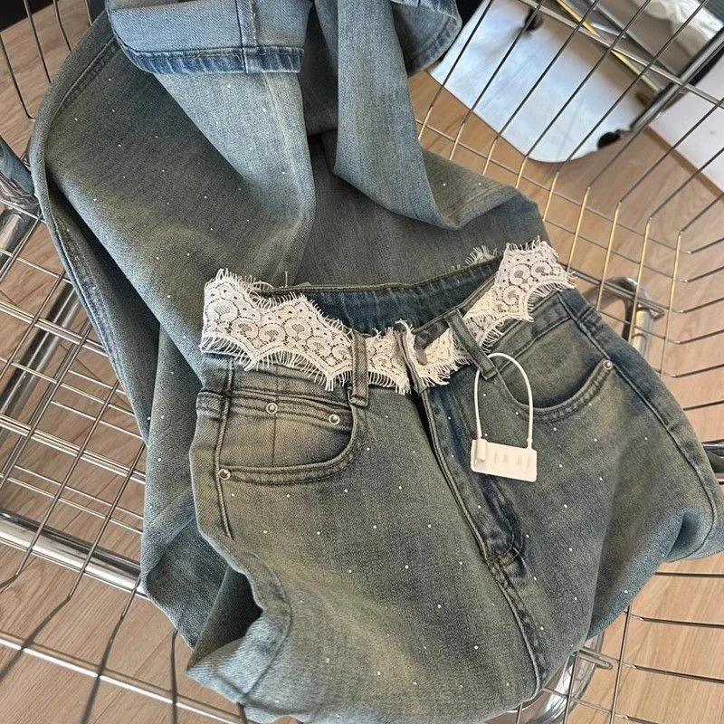 爆款女装蕾丝拼接牛仔裤女2025新款高腰显瘦阔腿裤子潮