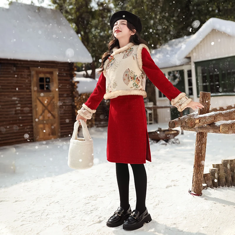 儿童旗袍裙女童2024新款唐装马甲套装小女孩过年拜年服秋冬中国风