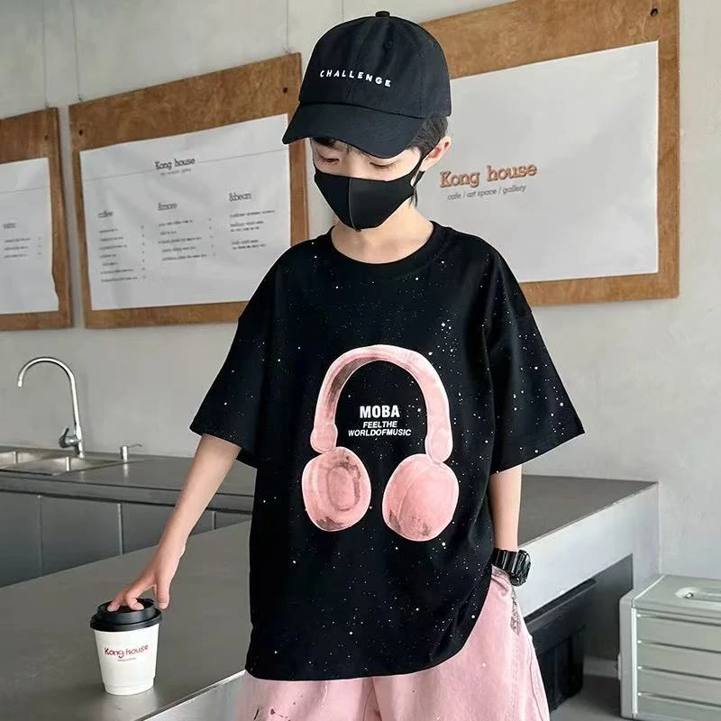 TX-072  耳机休闲儿童中性夏季刺绣短袖韩版ol短袖T恤宽松百搭